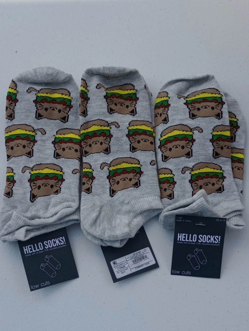 Women’s Low-Cut Gray Novelty Cat Cheeseburger Socks - 3 Pack Hello Socks